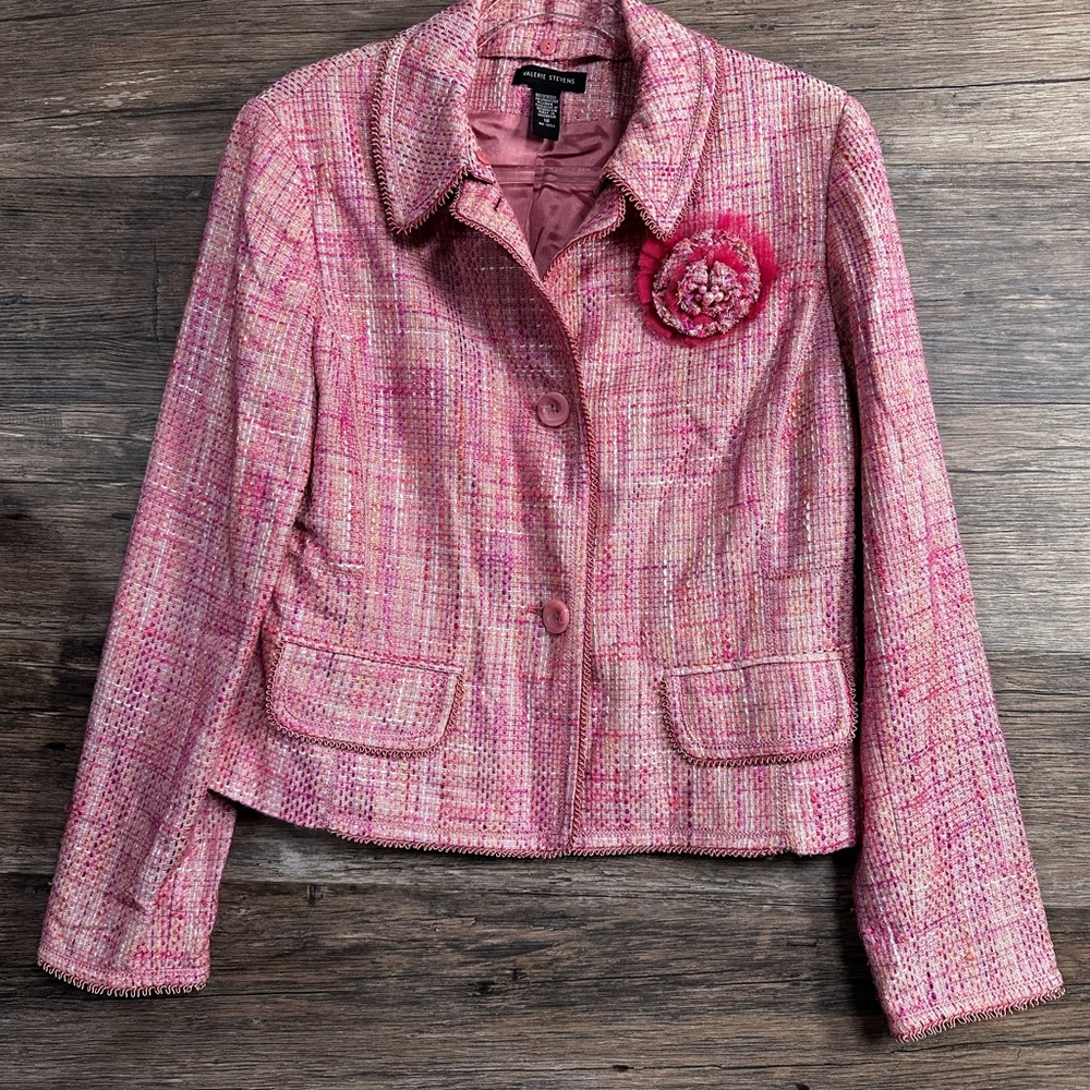 Valerie Stevens Pink Tweed Blazer with Floral Detail